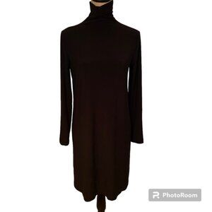 NORMA KAMALI DRESS BLACK SHIFT STRETCH LONG SLEEVE MOCK TURTLENECK LBD SIZE S